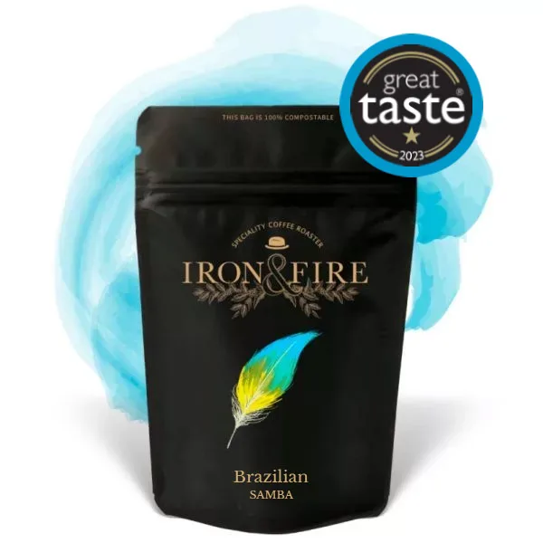Brazilian-Samba coffee bag black coloured coffee bag with a blue swirl behind it and a great taste award logo