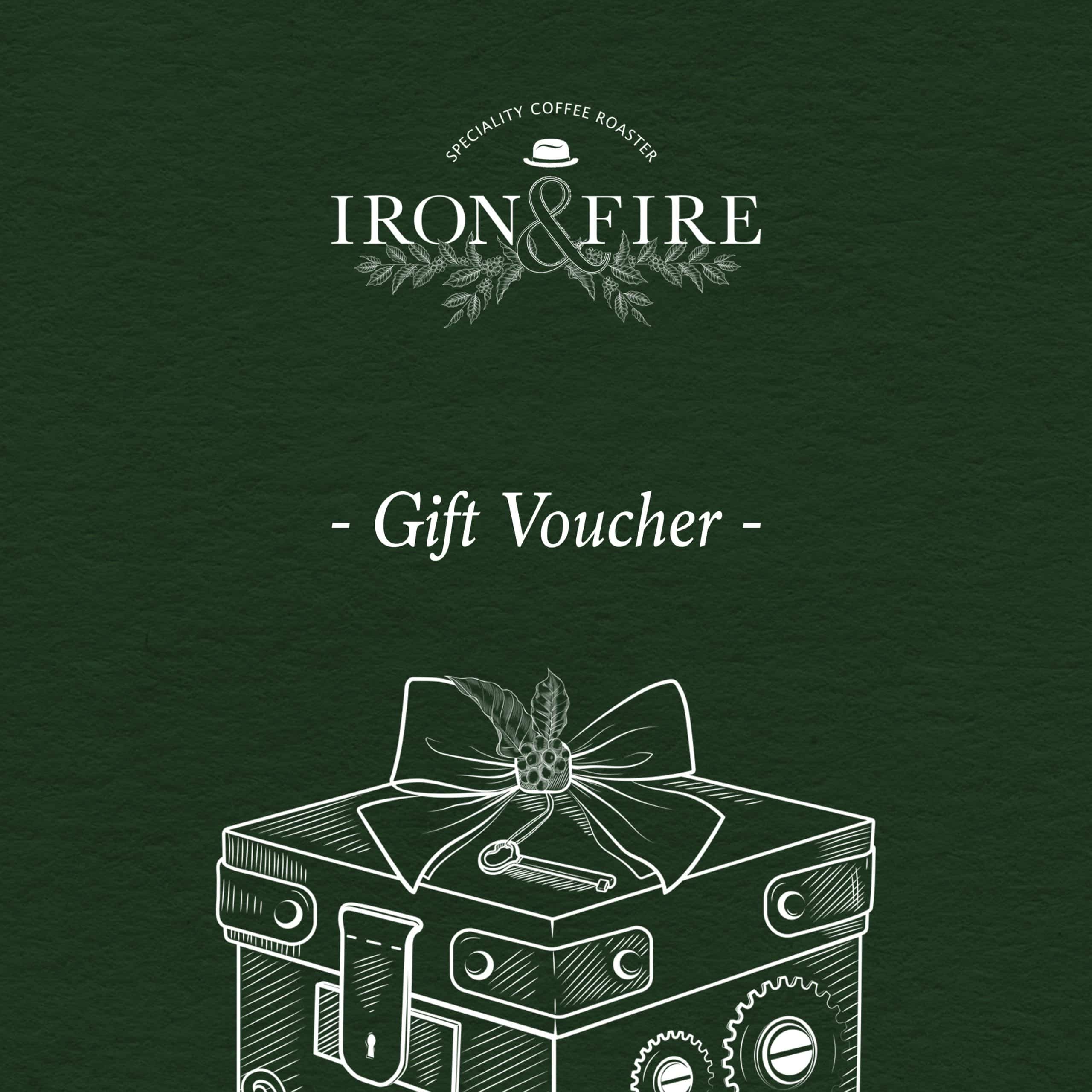 Iron & Fire gift voucher in dark green with an illustrated gift box design