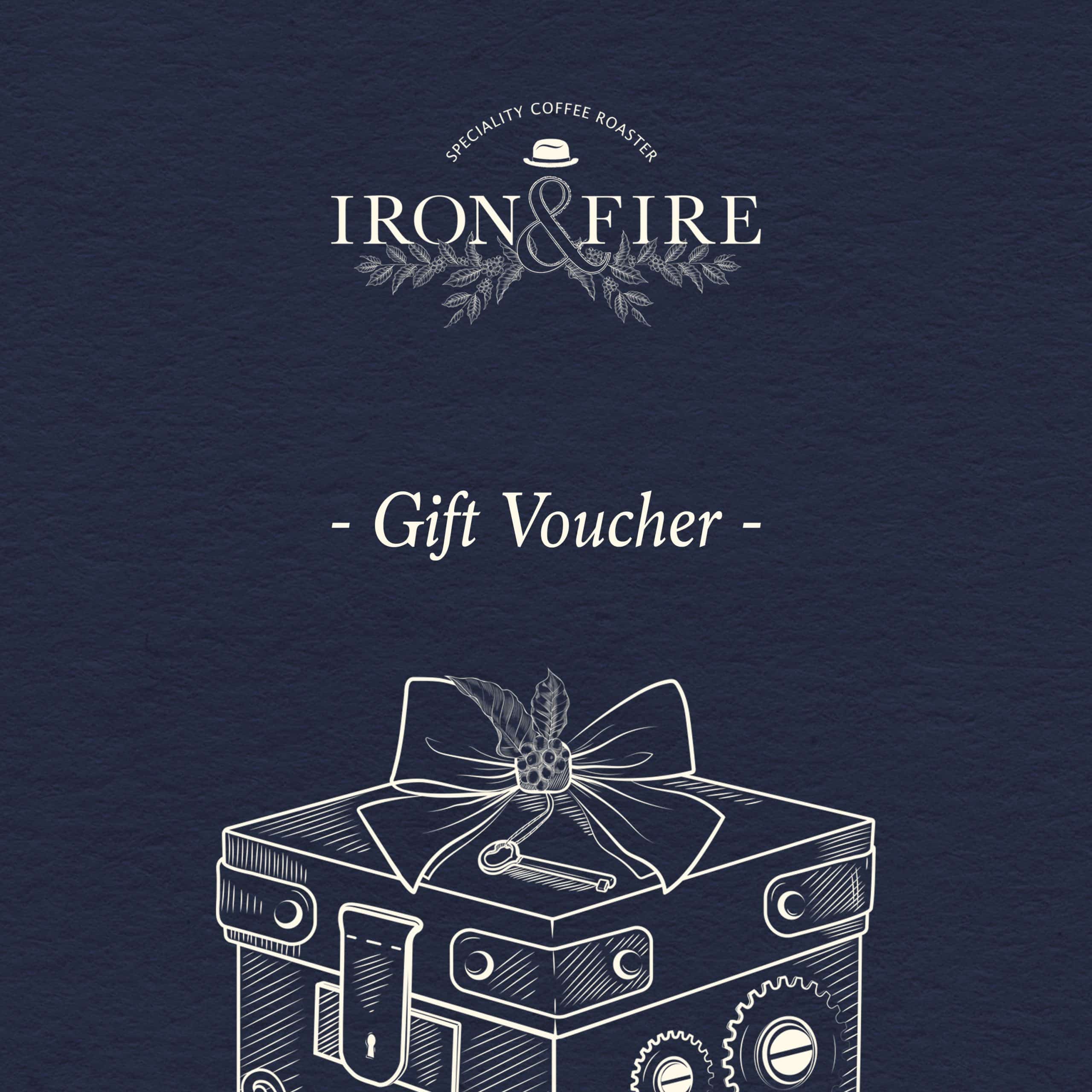 Iron & Fire gift voucher in navy with an illustrated gift box design