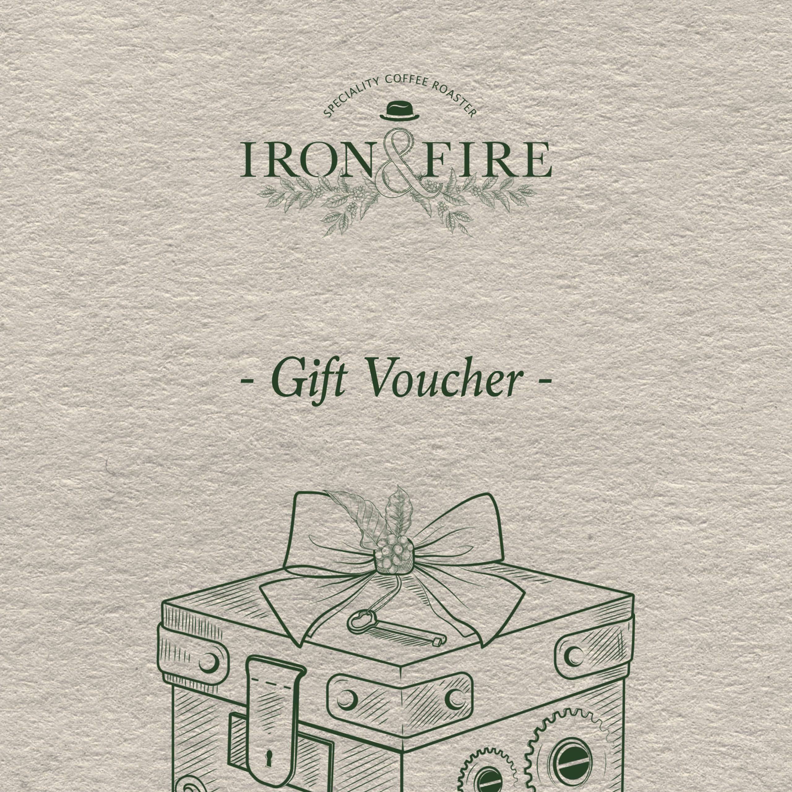 Iron & Fire gift voucher in off-white with an illustrated gift box design