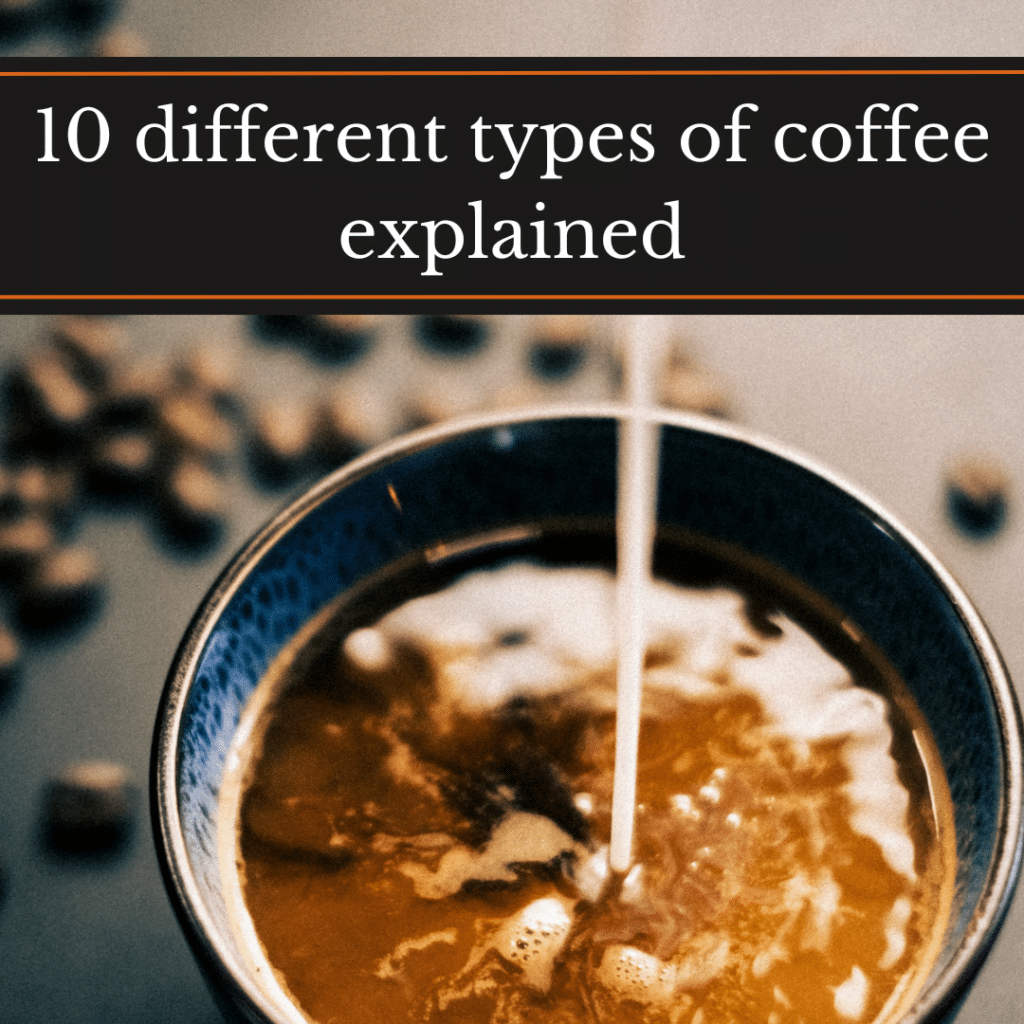 10 different types of coffee explained, milk poured into a blue cup